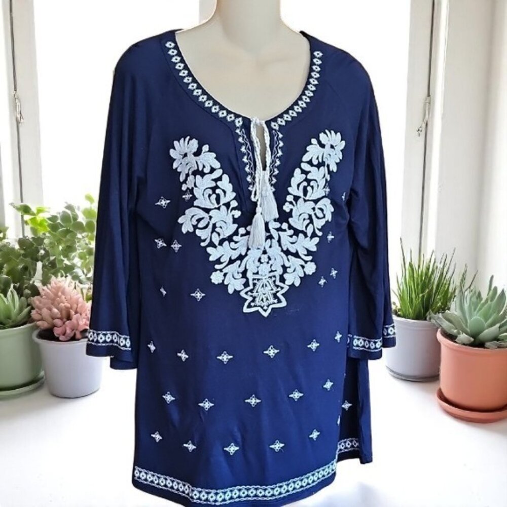 Anne French Navy Blue Embroidered Women's Top 3/4 sleeve tussel